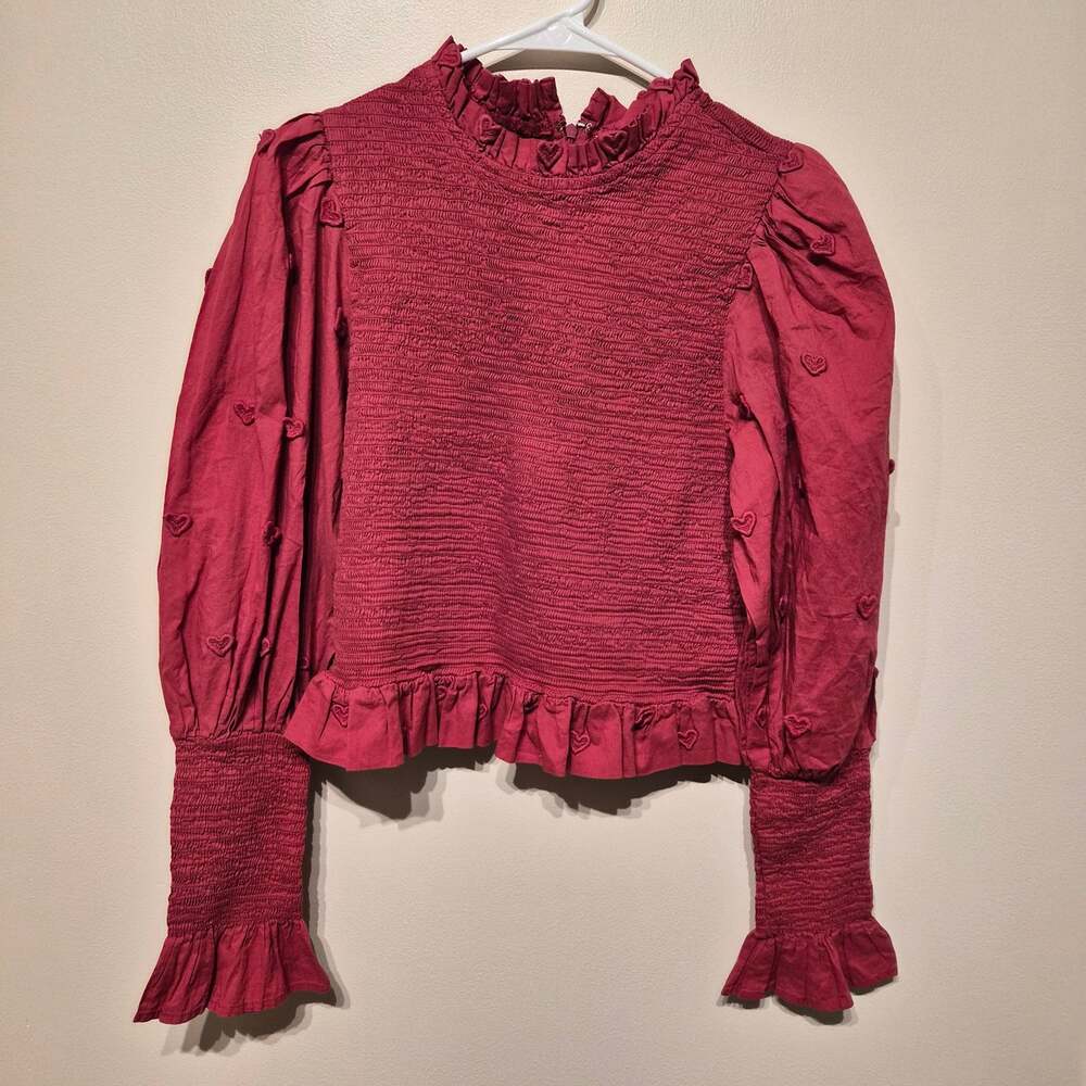 Farm Rio 3D Heart Smocked Blouse Burgundy XL Long Sleeve Zip Back Valentine